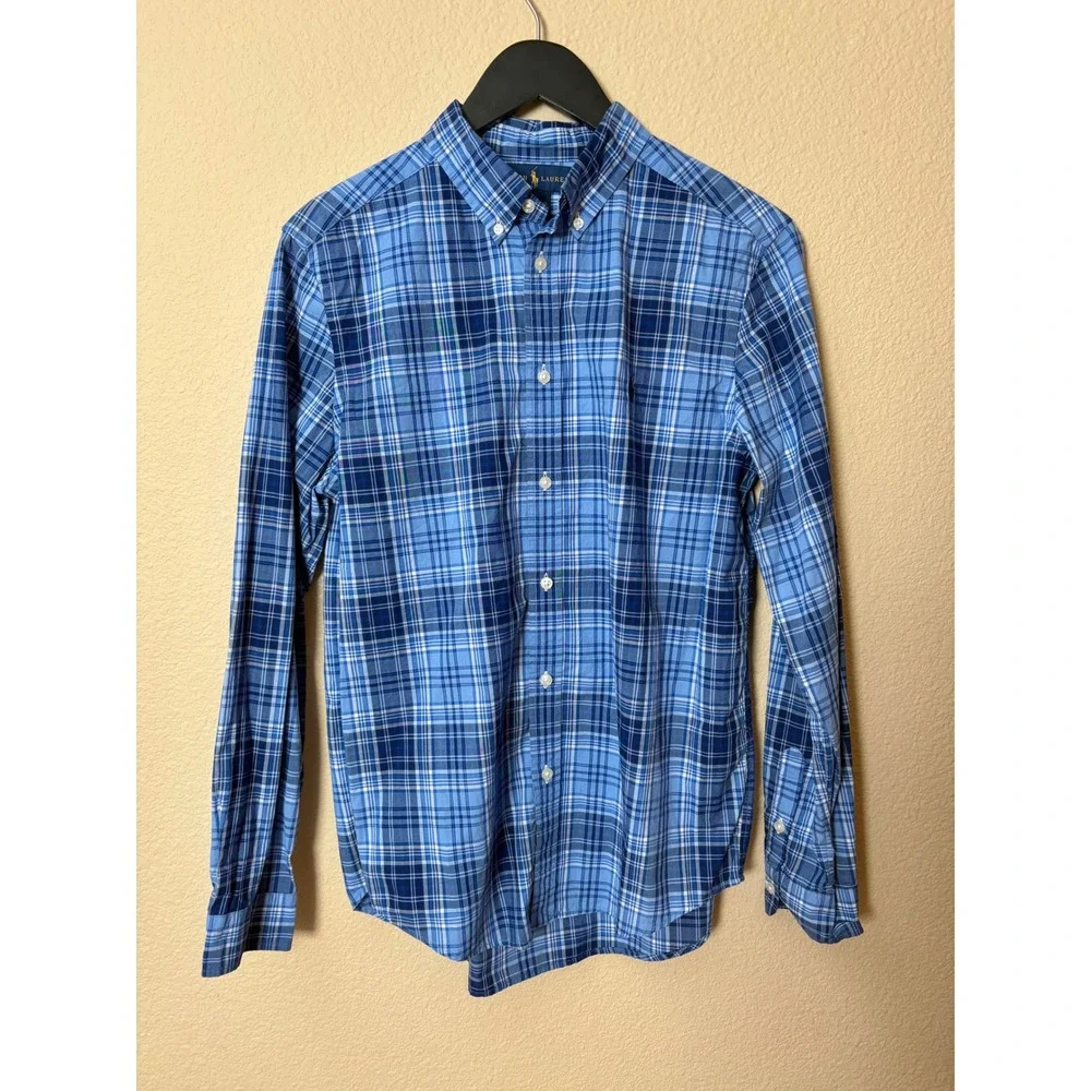 Ralph Lauren Boys XL 18-20 Blue Plaid Cotton Button Down Shirt Long Sleeve